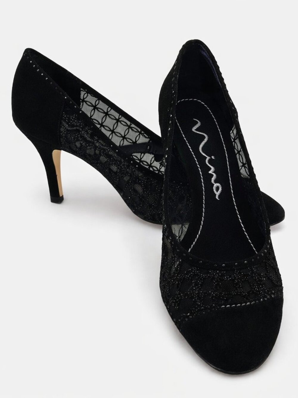 Nina Black Peep Toe Heels Sheer Sides Sequin Detail Size 7M